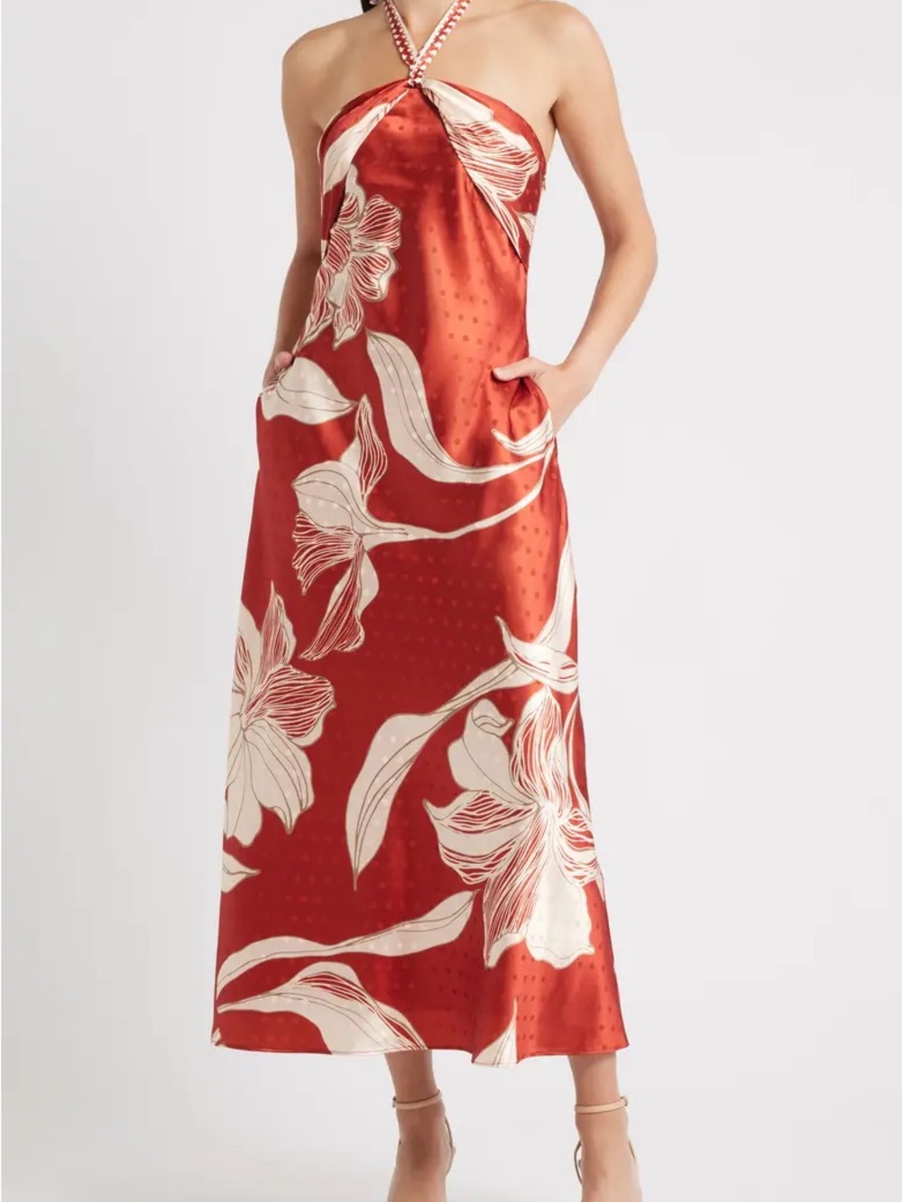 Red Floral Halter Midi Dress